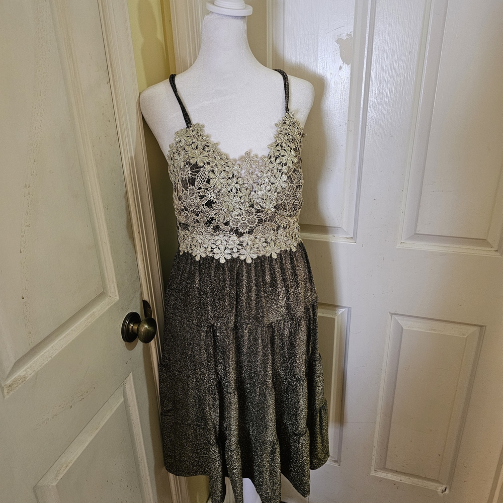 white birch Metallic Green Gold Dress with Lace Bodice